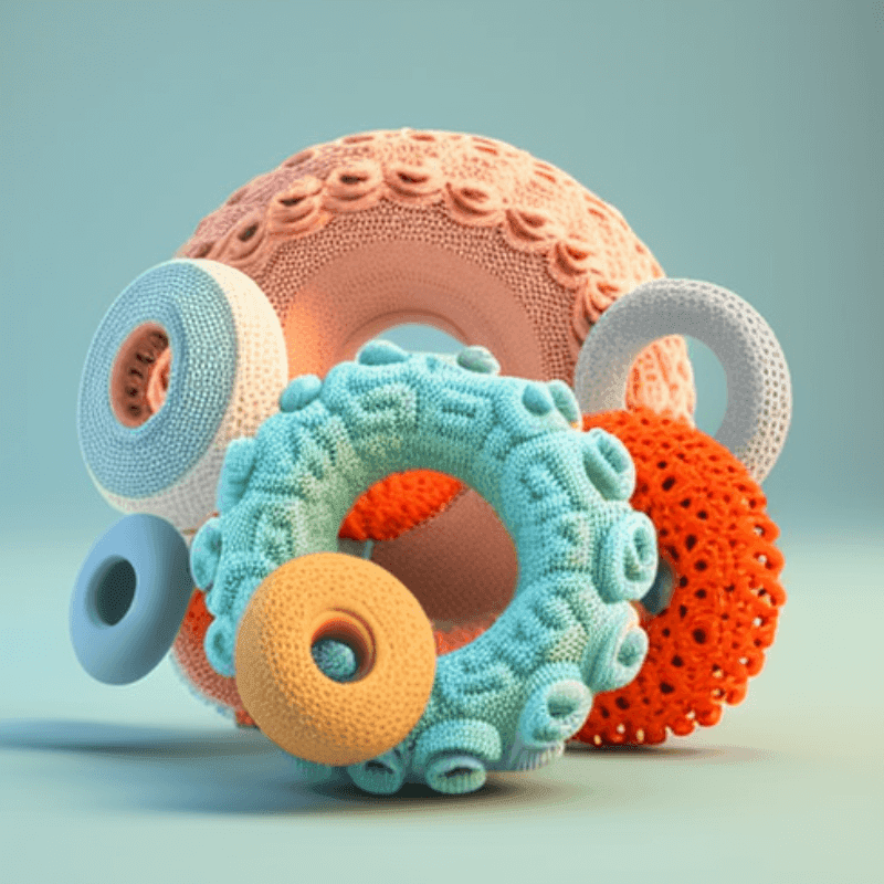 Crocheted circles, 3D animated, on a table top