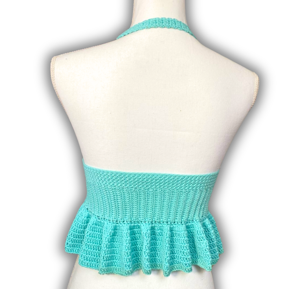 Crocheted Halter Top with ruffle edging in turqoise yarn