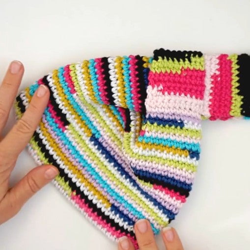 japanese knot bag crocheted in scrap yarn