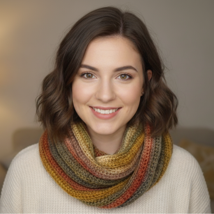 Young woman wearing a crocheted twisted tube scarf made in Cookie yarn from Hobbii.