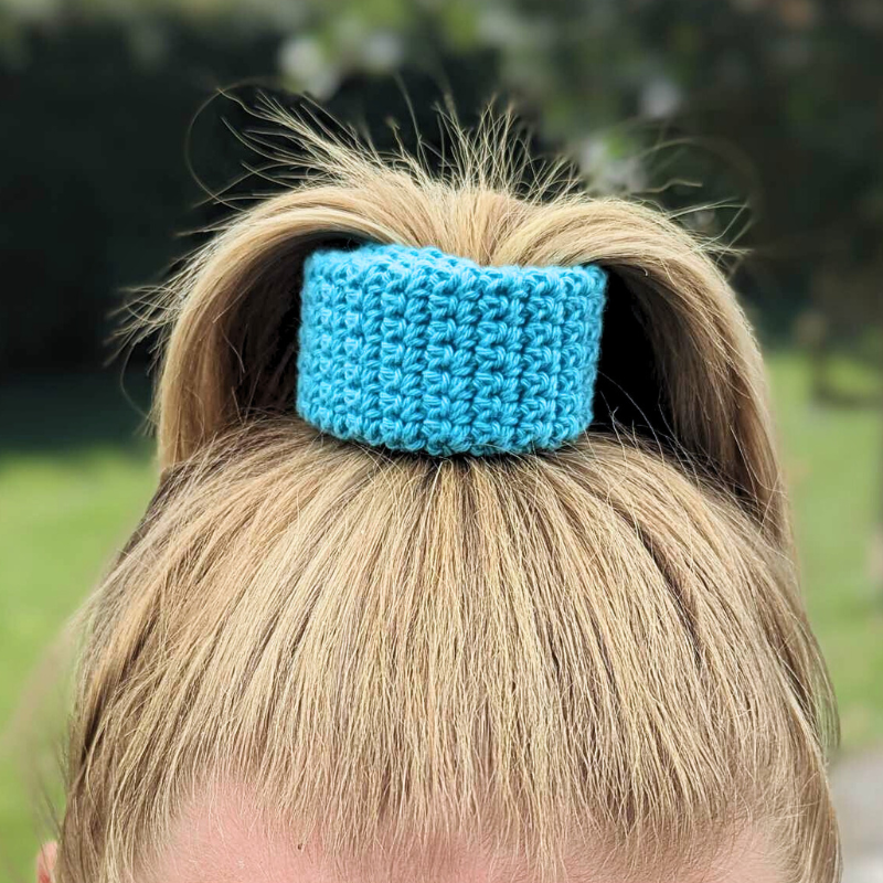Crocheted bracelet used as a hair scrunchie
