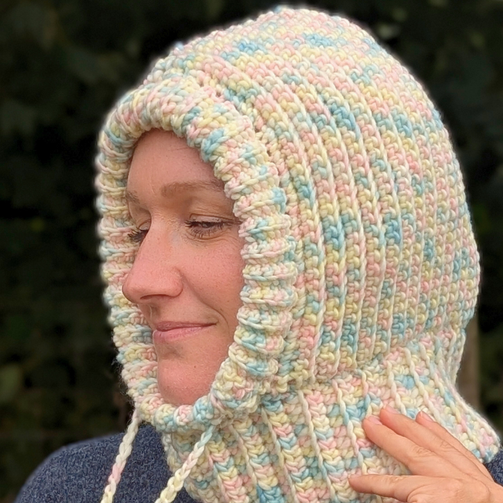 Balaclava Turtleneck Hoodie crocheted in Marshmallow yarn from We are Knitters