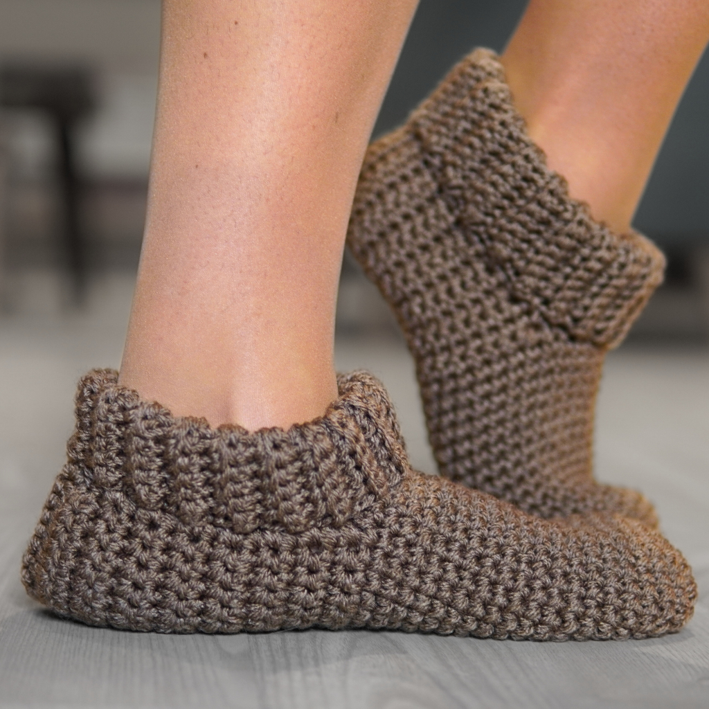 Crocheted slippers with a ribbing
