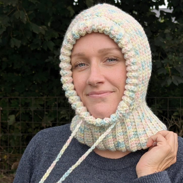 Balaclava Turtleneck Hoodie crocheted in Marshmallow yarn from We are Knitters