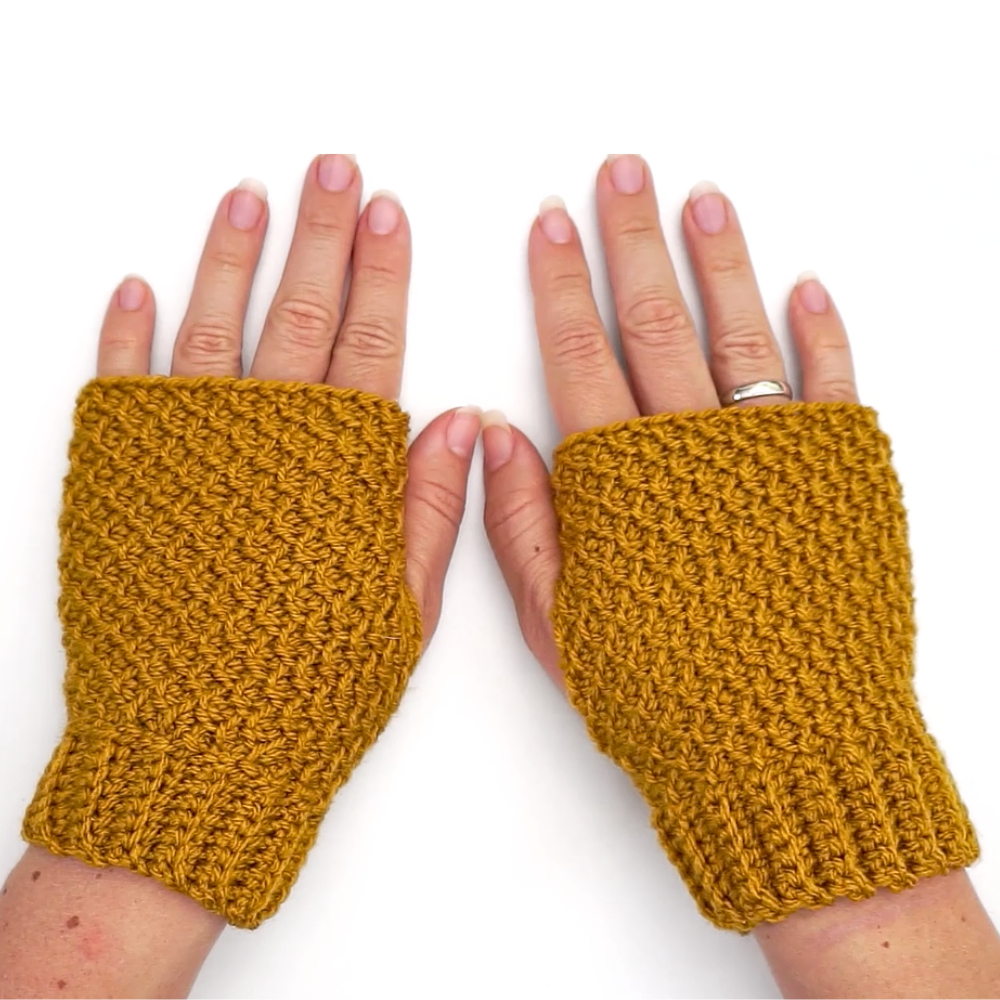 Fingerless Gloves crocheted in the Honeycomb stitch and made in Tunisian crochet - Mustard colored yarn