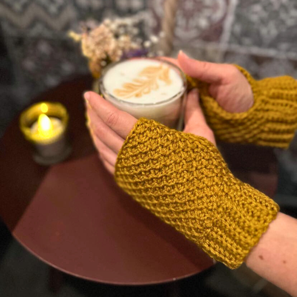 Fingerless Gloves crocheted in the Honeycomb stitch and made in Tunisian crochet - Mustard yarn - coffee shop