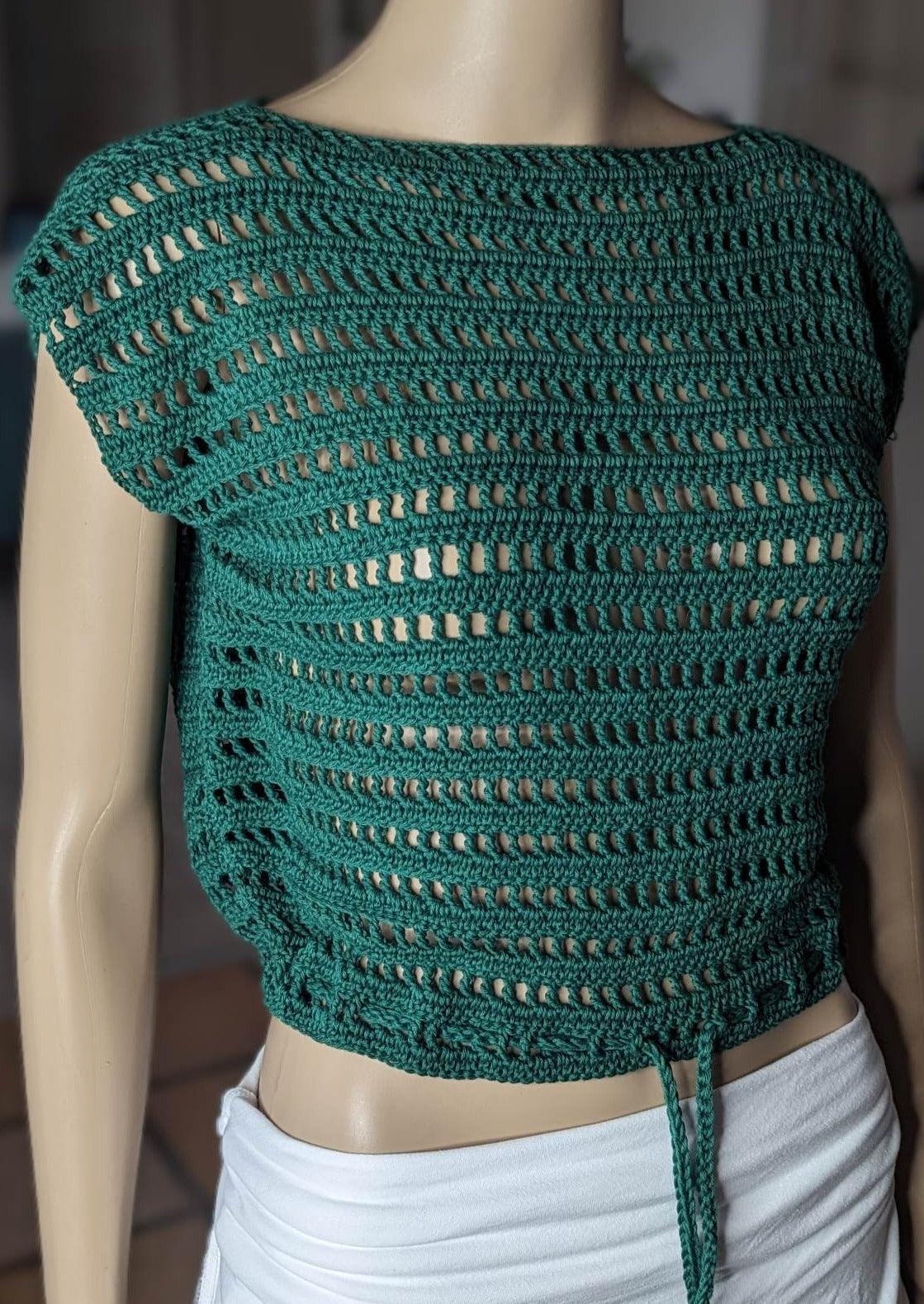 Crochet Mesh Top in green yarn