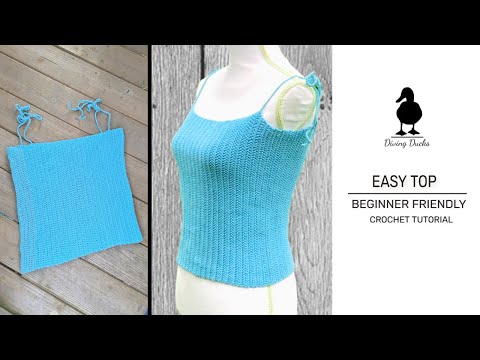 youtube thumbnail, turquoise crocheted tank top, outside, seen from the front