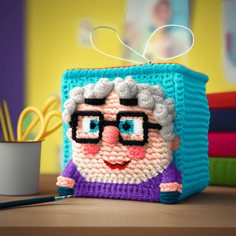 3D animated crocheted Granny Sqaure with the motif of a grandmother on it