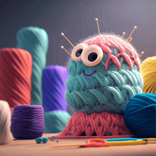 a crocheted figure on a table with yarn, animated