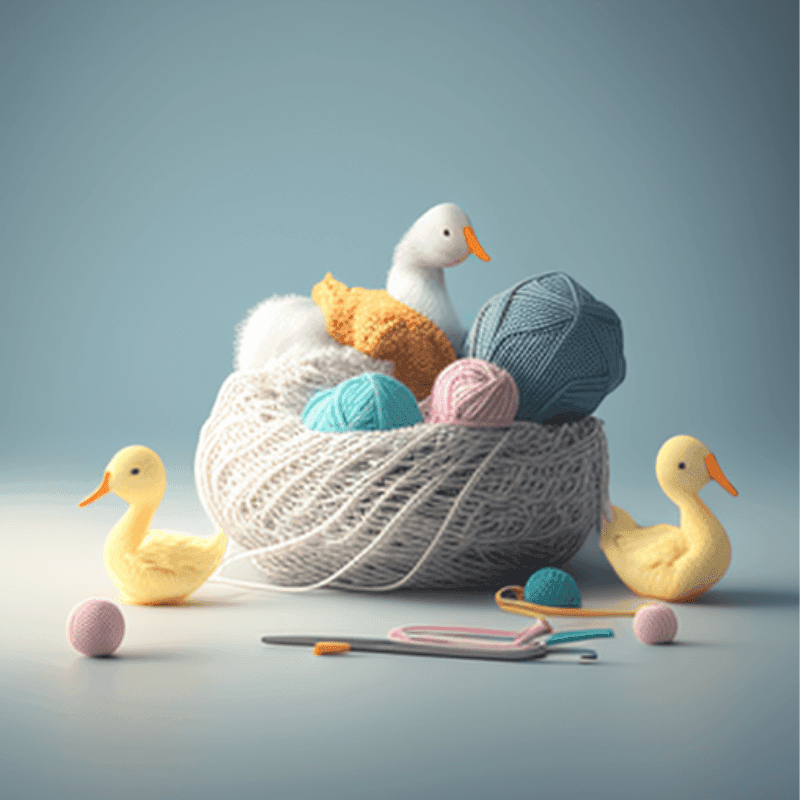3D animated crocheted yarn bowl with crocheted ducks.