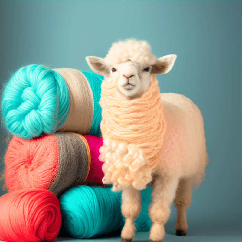 An animated 3D sheep standing in front a pile of yarn skeins, the yarn is as high as the sheep