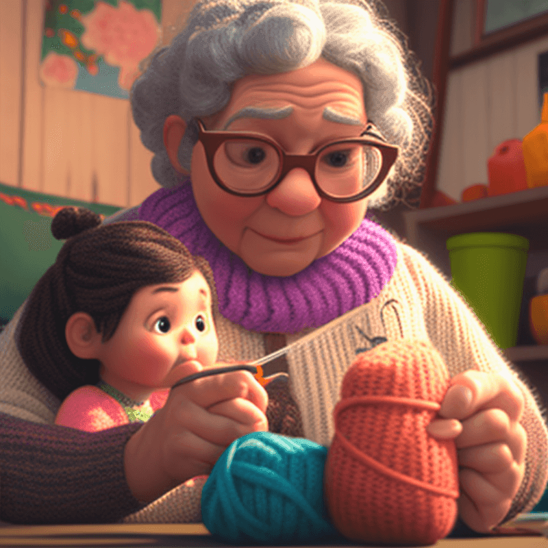 Animated 3D grandmother teaching granddaughter to crochet a slip stitch