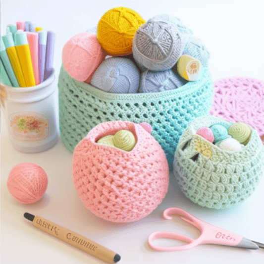 Supplies for crocheting, Yarn in baskets, crochet hooks, scissors on a table