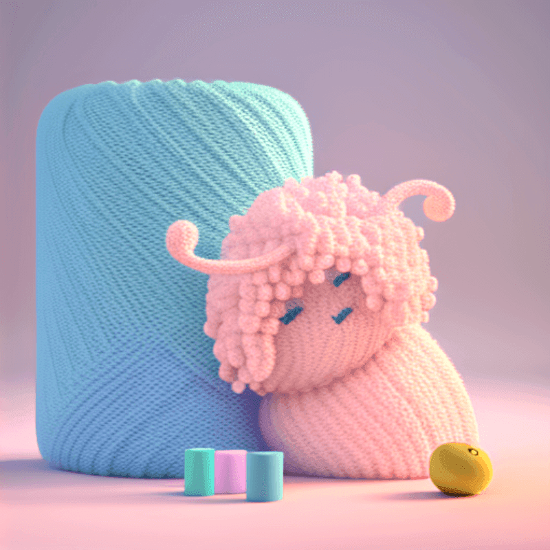 A animated Pixar style crocheted cute figure leaning up a ball of yarn, learning How to crochet increase