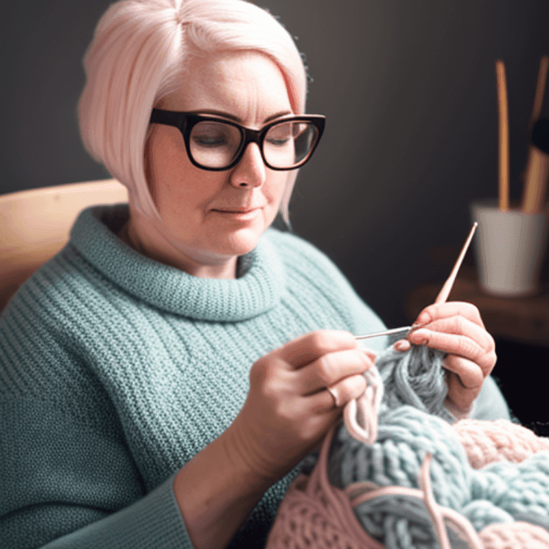 Middle-aged woman crocheting with the double crochet stitch, animated 3D