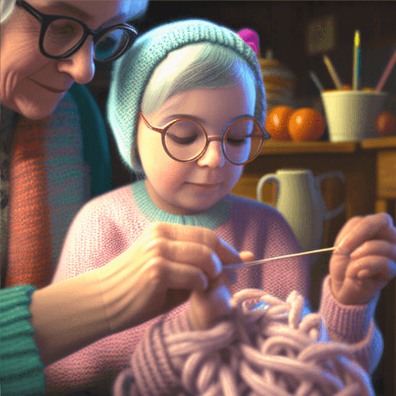 Grandmother teaching granddaughter how to crochet the half double crochet stitch, 3D animated