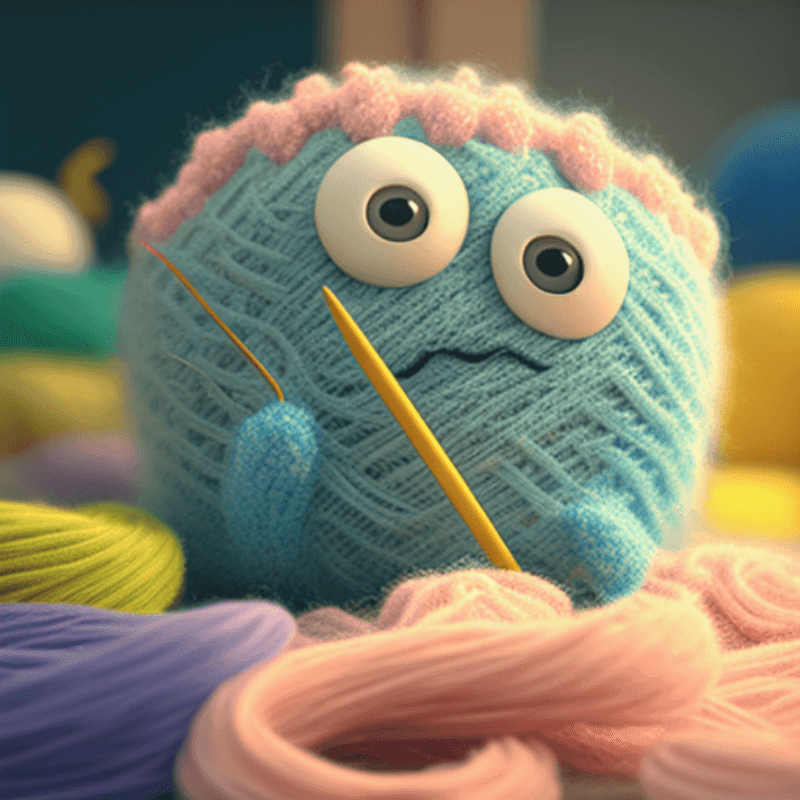 Animated Pixar Style Yarn Ball with big eyes, looking confusing while holding a crochet hook in his hand, trying to learns to crochet