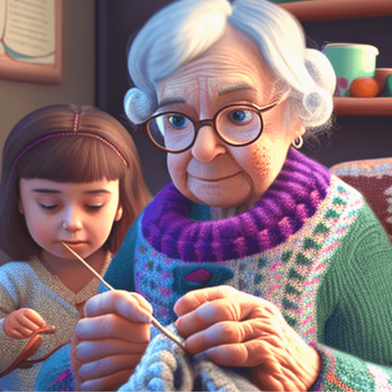 Grandmother teaching young granddaughter how to single crochet, 3D animated