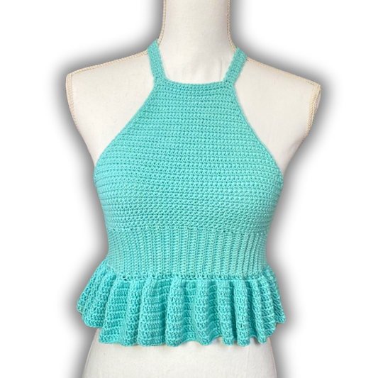 Crocheted Halter Top with ruffle edging in turqoise yarn