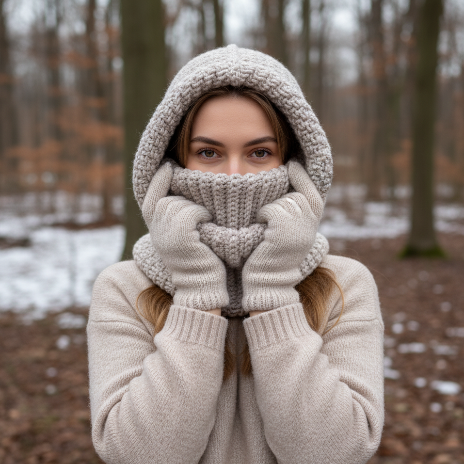 Balaclava on hot woman in forrest, crochet moss stitch
