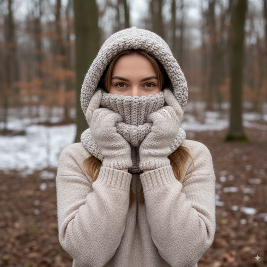 Balaclava on hot woman in forrest, crochet moss stitch