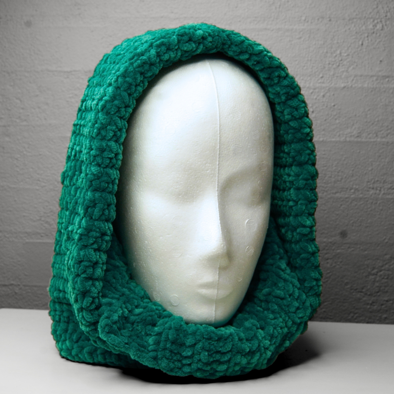 Crocheted Turtleneck Hoodie balaclava in Green velvet Yarn