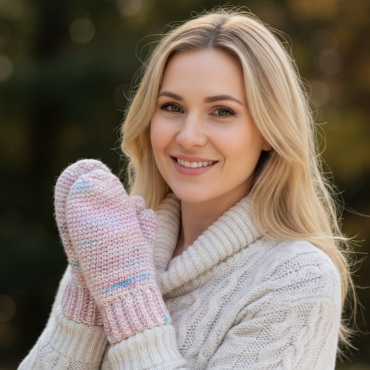 Crocheted Mittens in Yarnicorn yarn from we are knitters - Faeturing a young blond woman