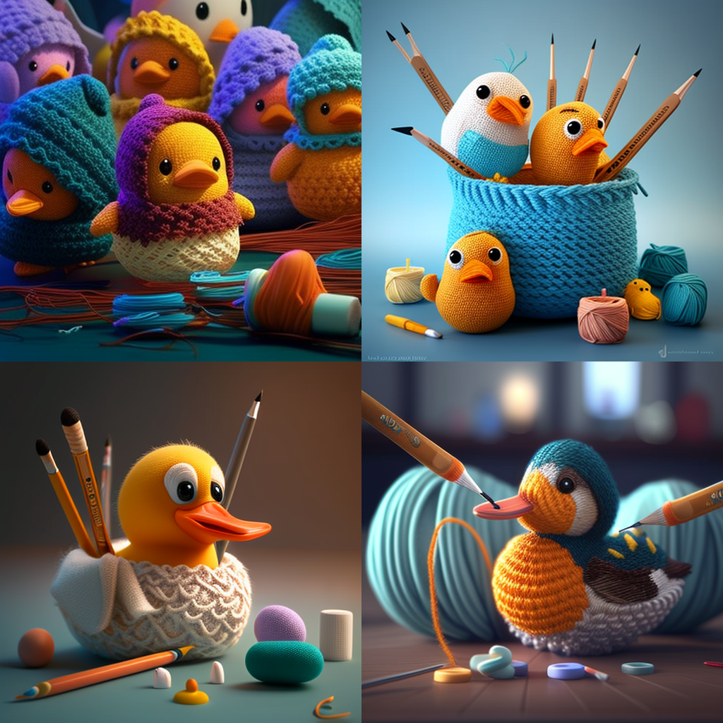 Montage of 4 pictures, showing different funny crocheted ducks, pastel colors