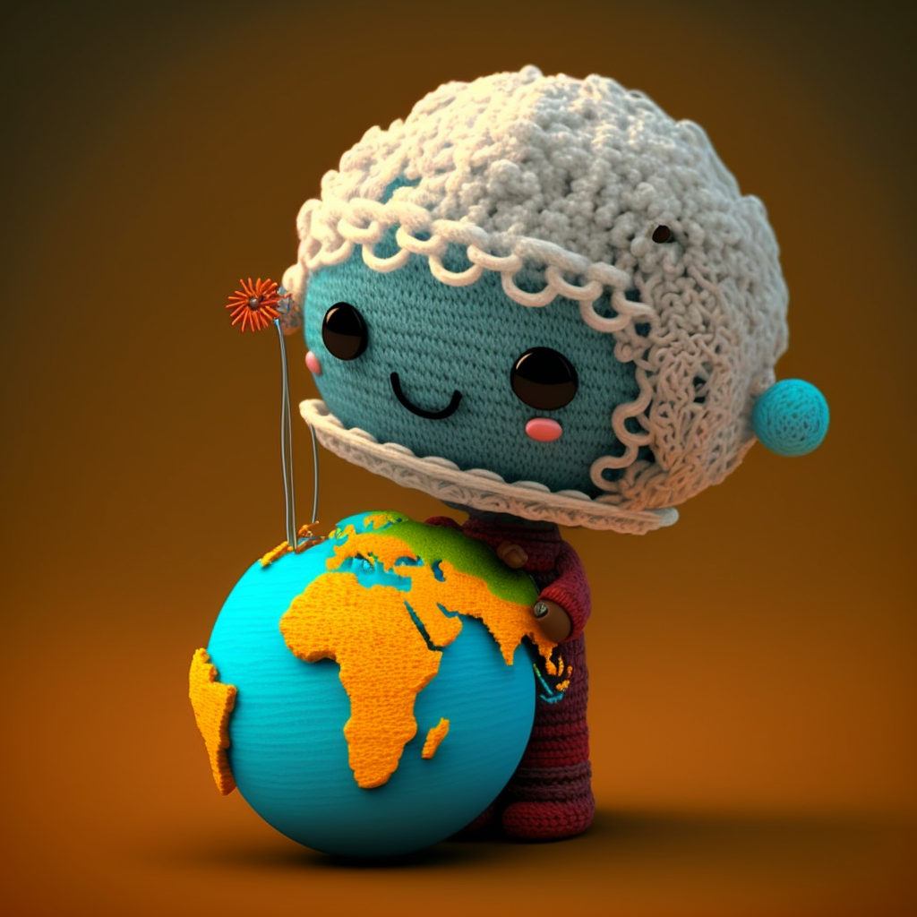 A crocheted 3D animated man, holding a crocheted globe