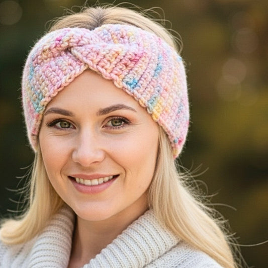 Crochet headband on blonde model