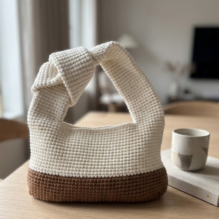 Digital PDF crochet pattern for a modern knotted handbag. Make a stylish crochet bag with a two-tone body, sturdy handle and knot detail. US terms.