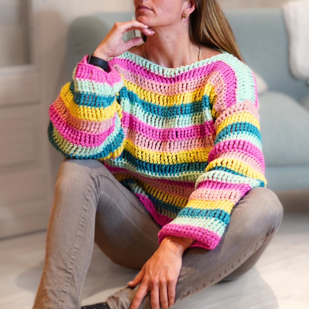 scrap yarn crochet sweater in multiple colors