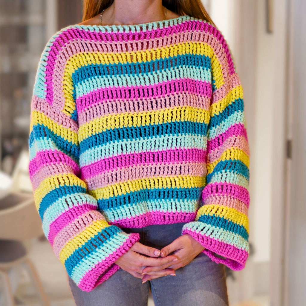 scrap yarn crochet sweater in multiple colors