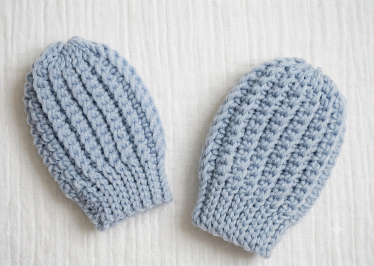 Main image:
Light blue ribbed crochet newborn mittens