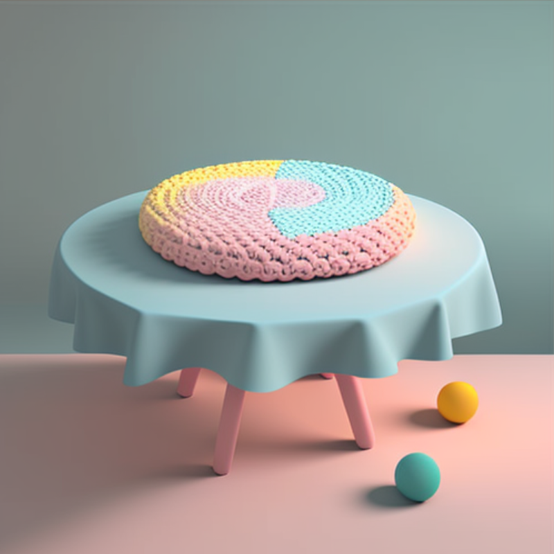 Animated 3D table, round crocheted circle on top, pastel colors