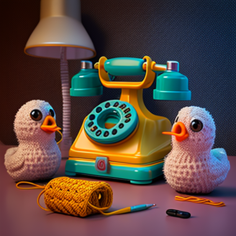 2 crocheted ducks in front of an old style phone
