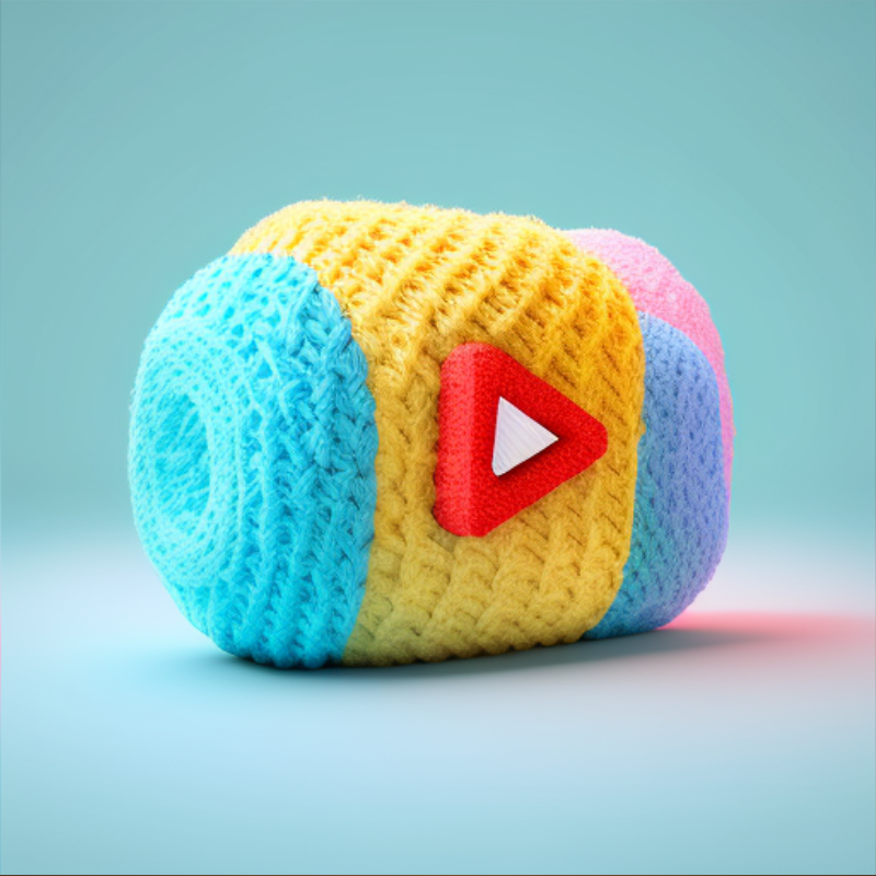 A crocheted Youtube Paly button, crocheted on a skein of yarn