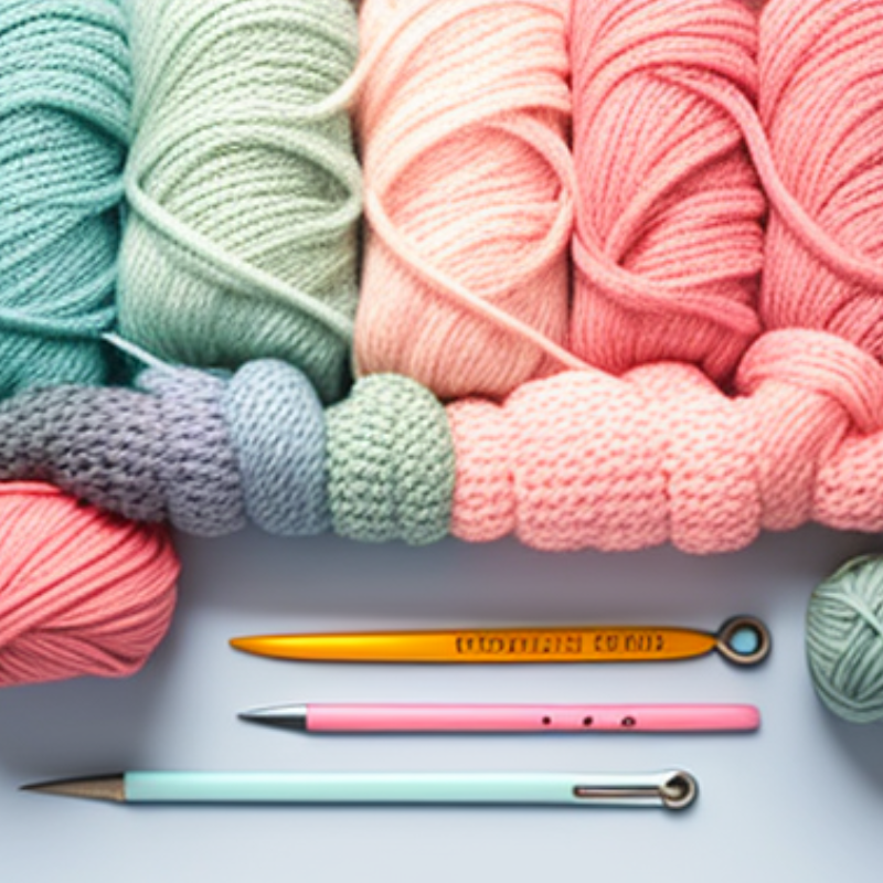 Different skeins of pastel colored yarn on a table top, different crochet hooks
