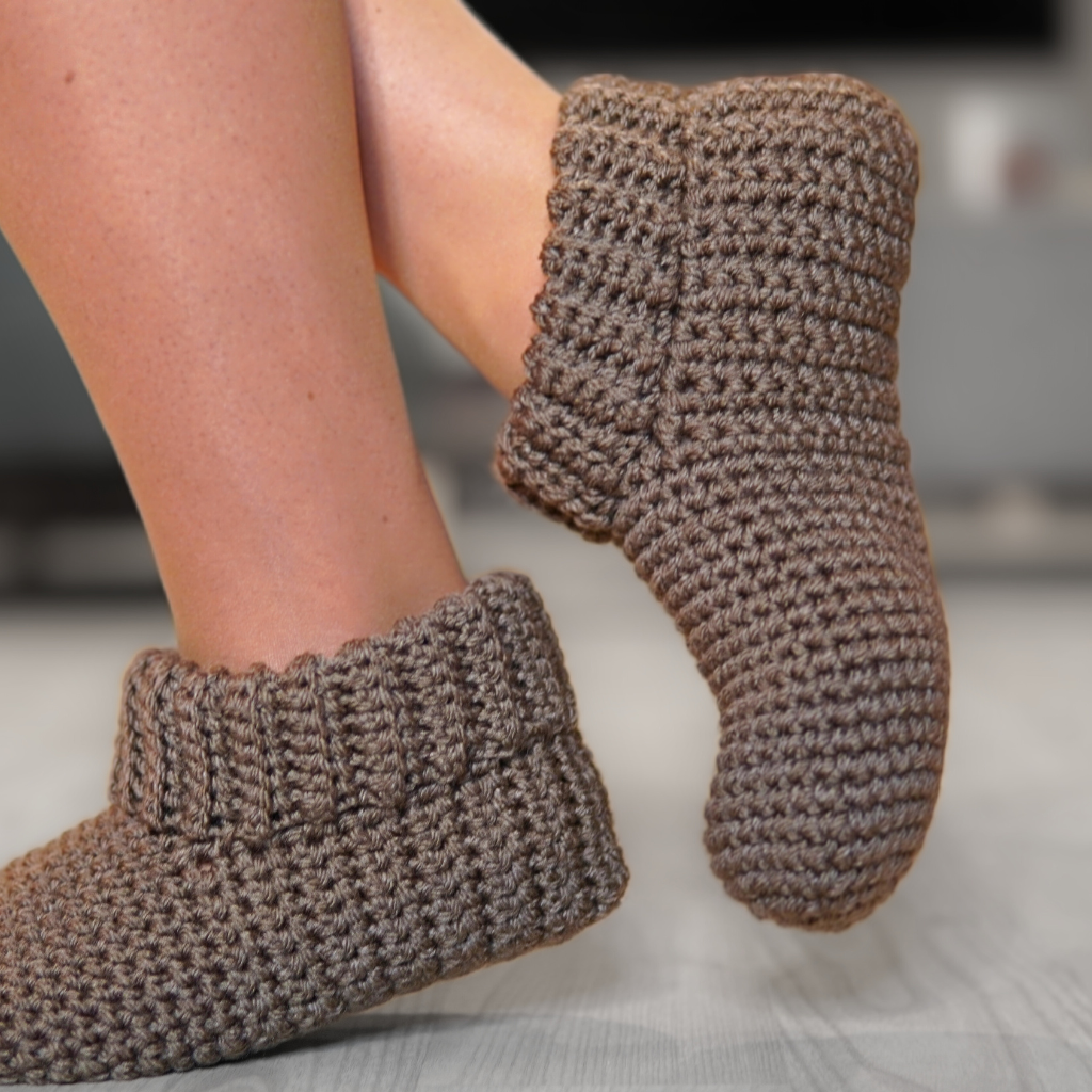 Crocheted slippers with a ribbing