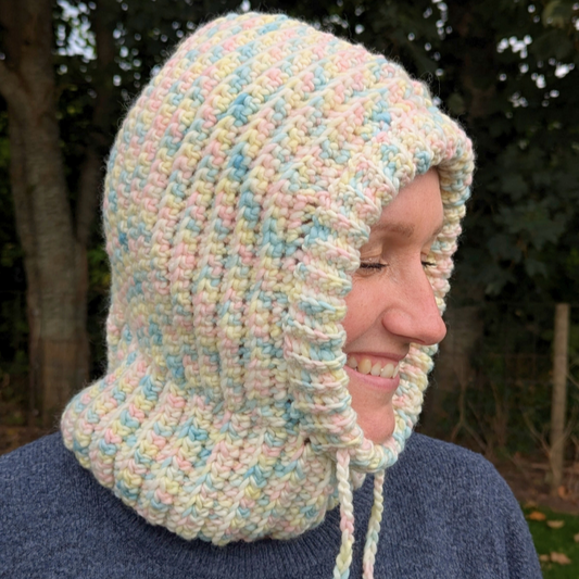 Balaclava Turtleneck Hoodie crocheted in Marshmallow yarn from We are Knitters