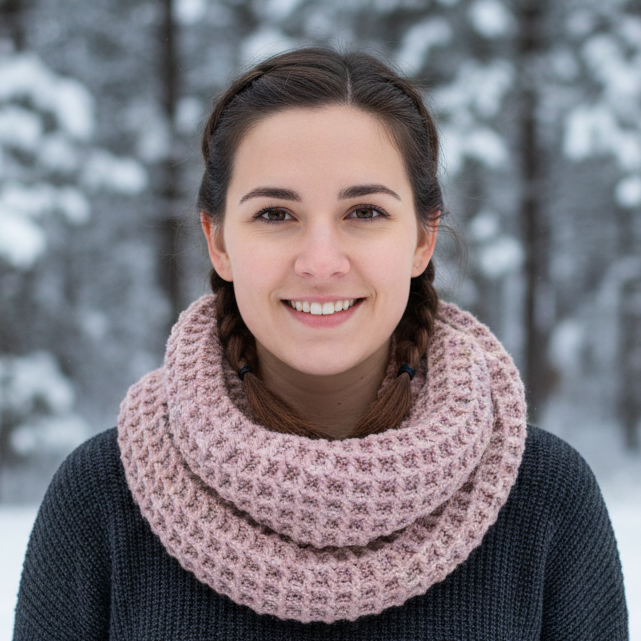 Waffle stitch infinity scarf crochet pattern in soft cotton gold yarn from Alize yarns.