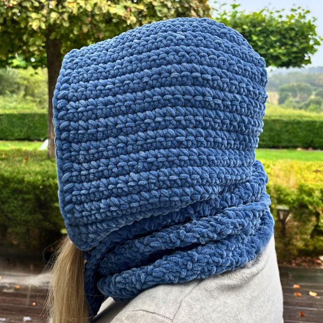 Beginner crochet Sophie hood scarf pattern worked in single crochet