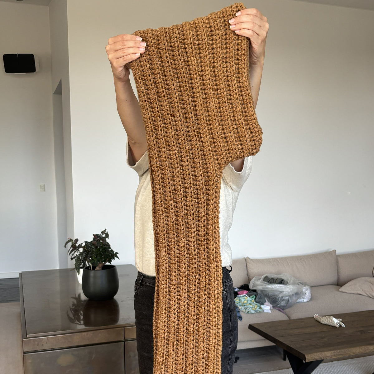 Close-up of ribbed back-loop half double crochet hooded scarf
