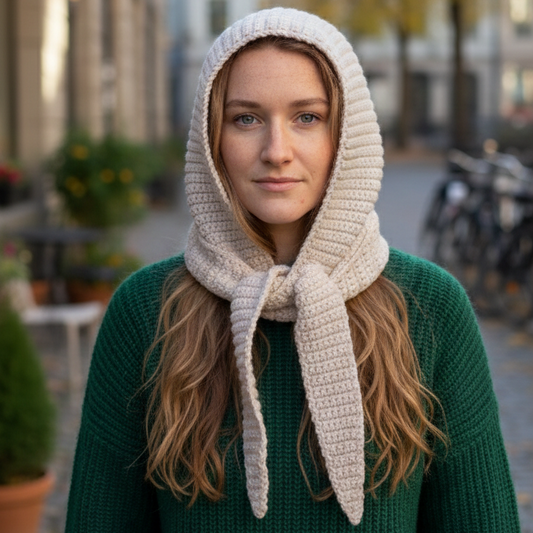 young woman wearing a Crochet Sophie hood scarf made in off white yarn.