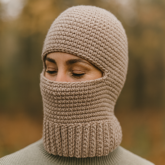 crochet balaclava skimask on woman in forrest