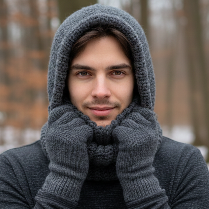 Crocheted Balaclava Turtleneck Hoodie for Men in grey yarn from Alize crochet pattern
