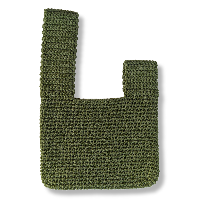 Crocheted green Japanese Knot Bag Pattern