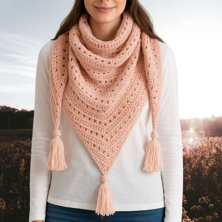 crochet pink shawl with tassels