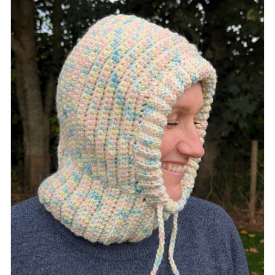Instructions on how to wear and style a crocheted balaclava